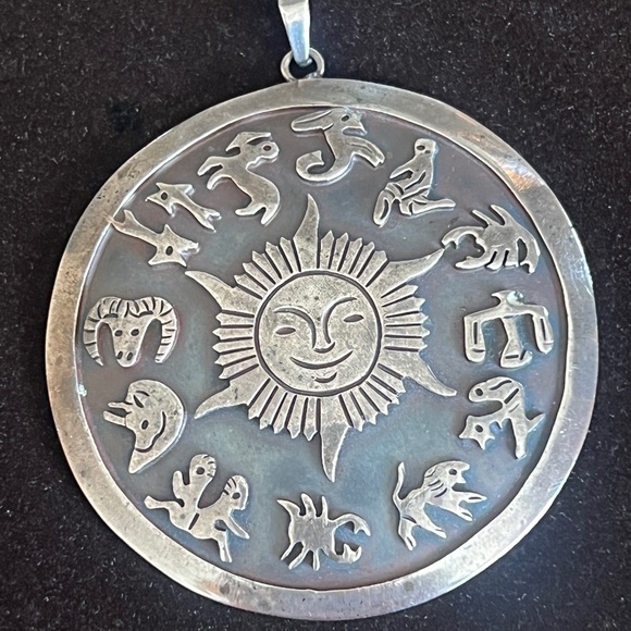 Taxco Jewelry - Vintage Taxco Mexico Astrology Zodiac Medallion Large Pendant Sterling 925